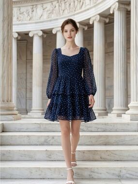 Navy stars Tiered Chiffon Dress - Elegant Women’s Party Dress